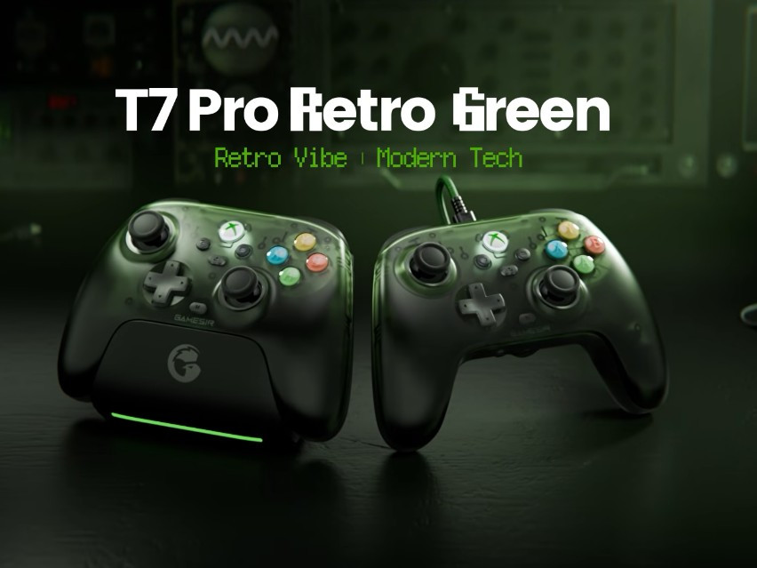 Hai mẫu tay cầm GameSir T7 Pro Retro Green và T7 Pro W Retro Green với thiết kế vỏ xanh xuyên thấu