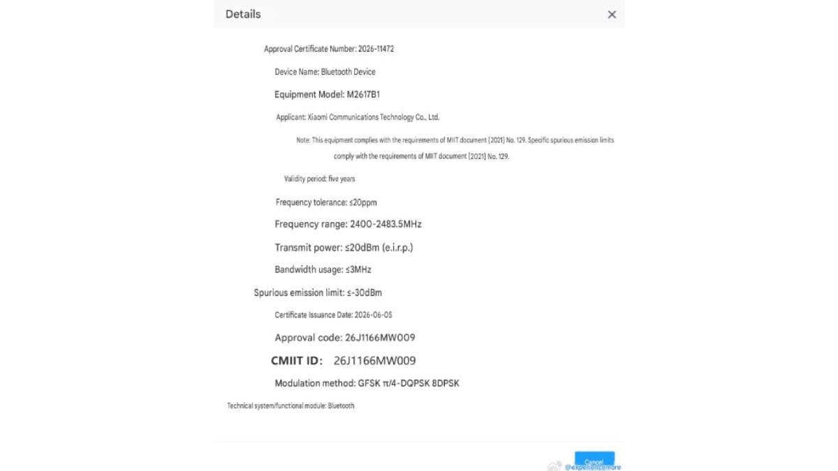 Chứng nhận MIIT của Xiaomi Smart Band 11
