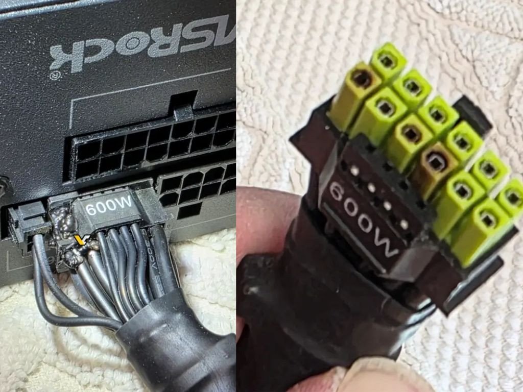 Đầu nối nguồn ASRock TempGuard bị cháy cùng với hư hỏng trên cáp PSU