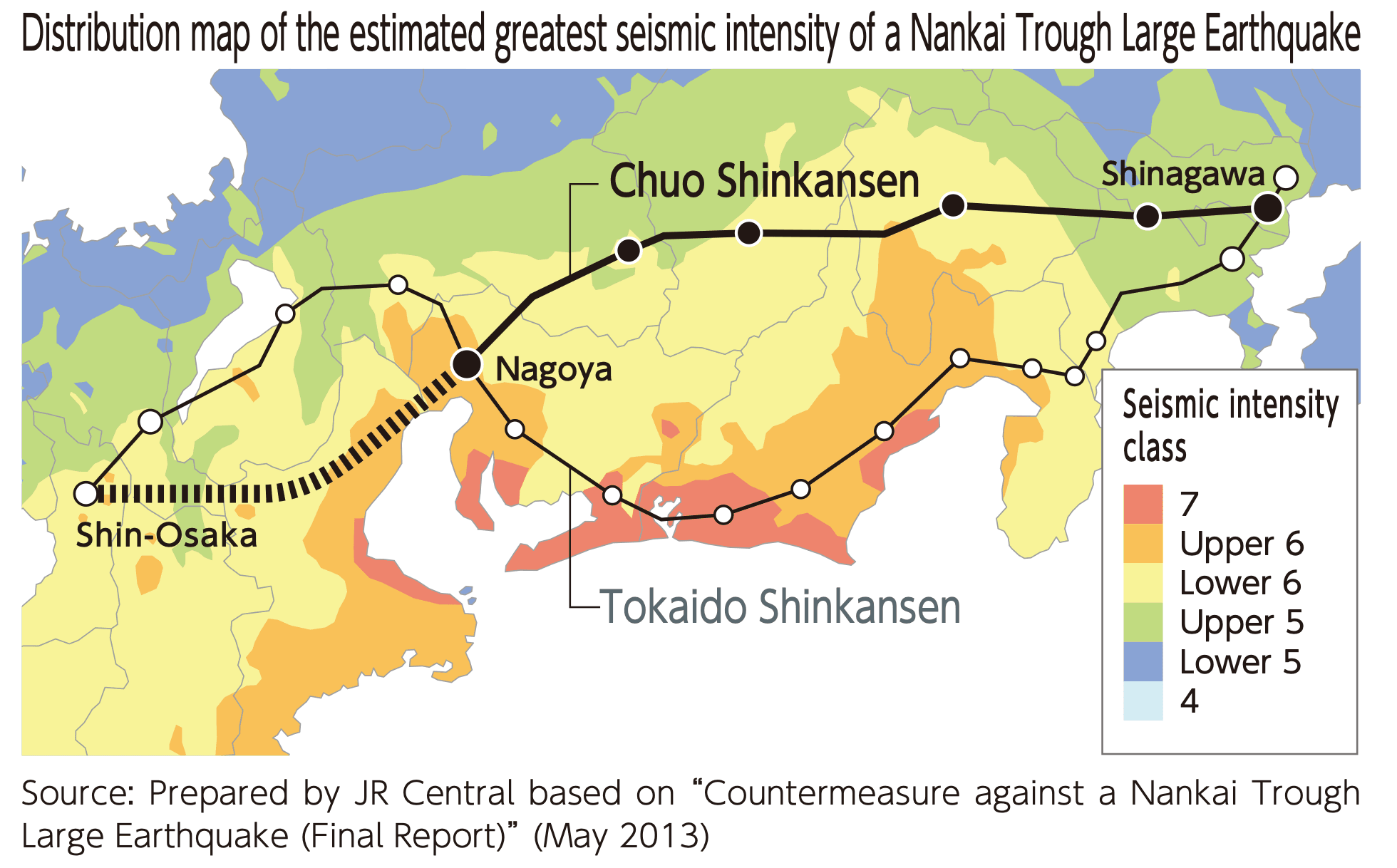 Bản đồ lộ trình Chūō Shinkansen và rủi ro động đất năm 2013