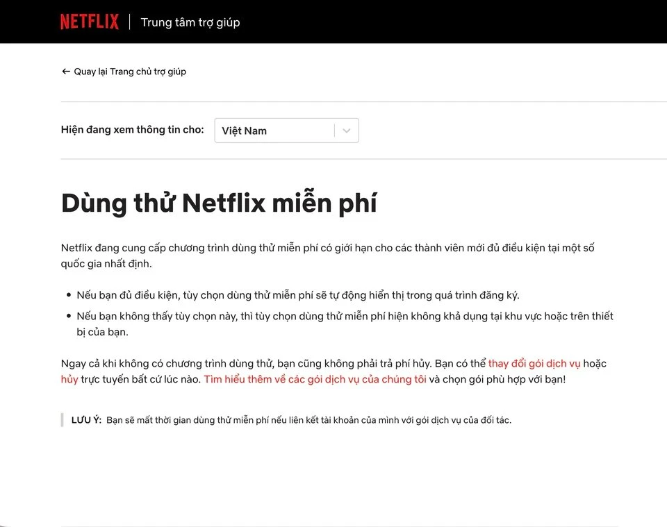 Giao diện Netflix tại Việt Nam không hiển thị điều kiện dùng thử cụ thể