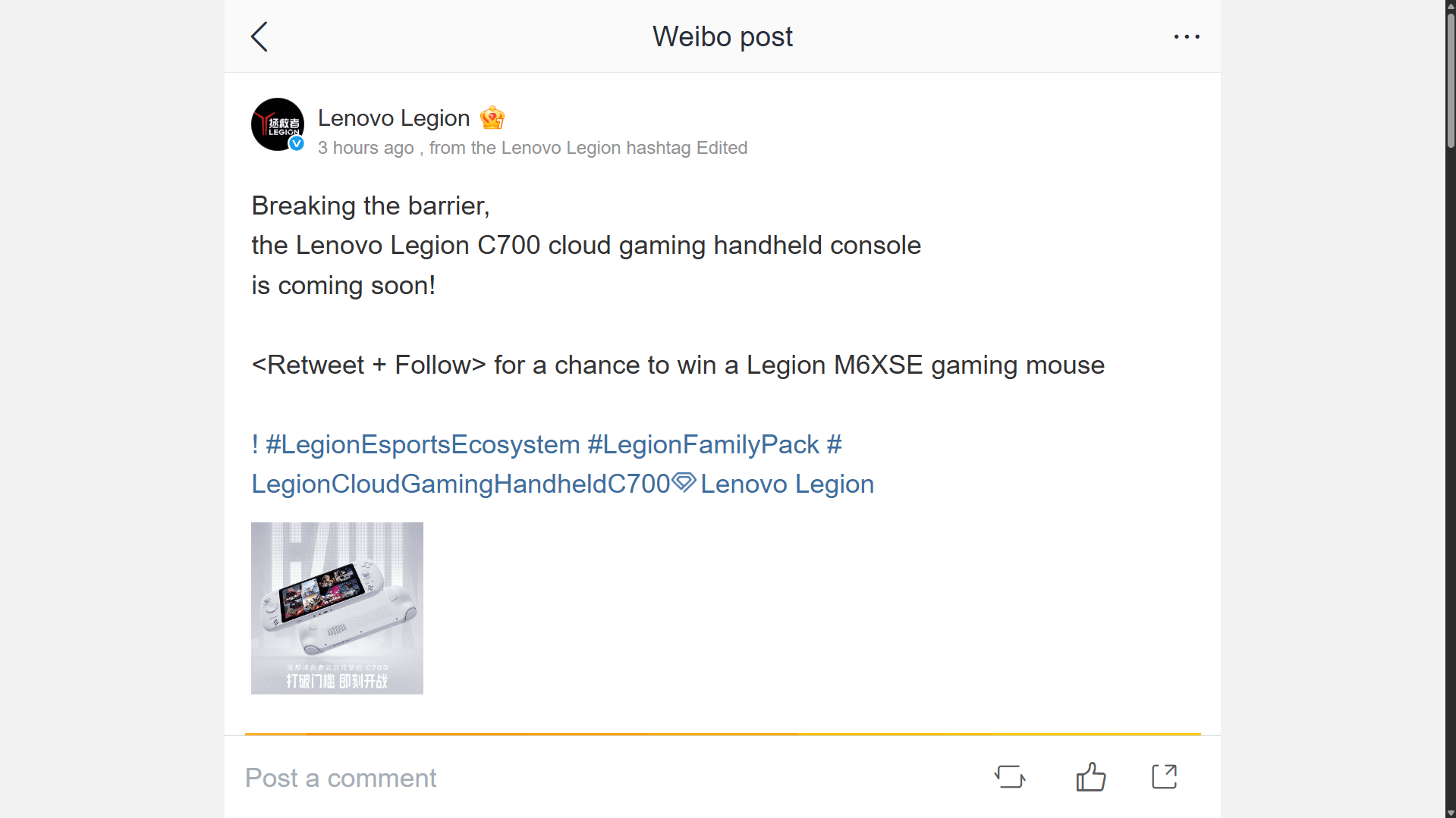 Poster quảng bá Lenovo Legion C700 trên Weibo