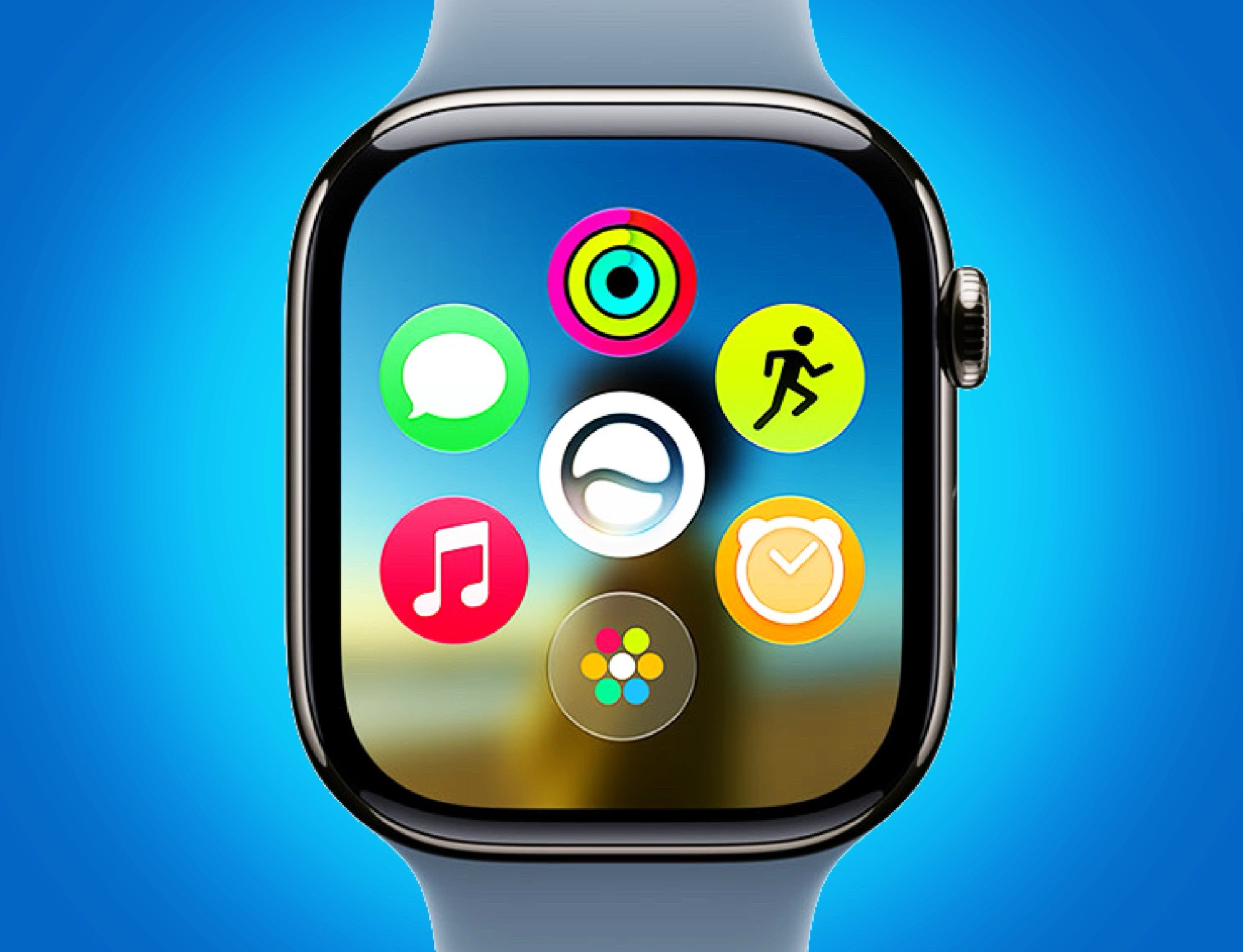 Giao diện màn hình chính mới trên watchOS 27 với Siri AI ở vị trí trung tâm.