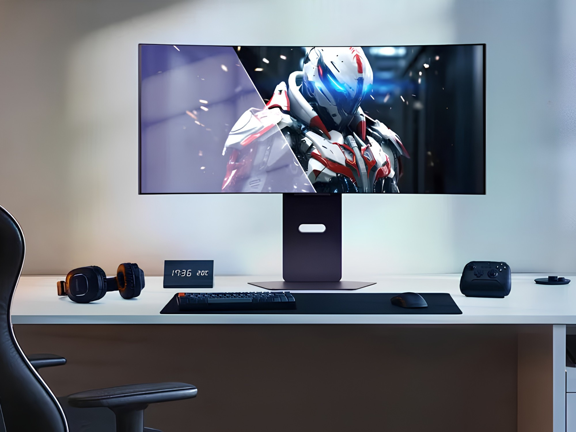 Màn hình gaming LG OLED 34 inch cong siêu rộng đặt trên bàn làm việc