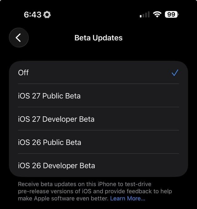 Lựa chọn phiên bản iOS 27 Public Beta trong phần cài đặt