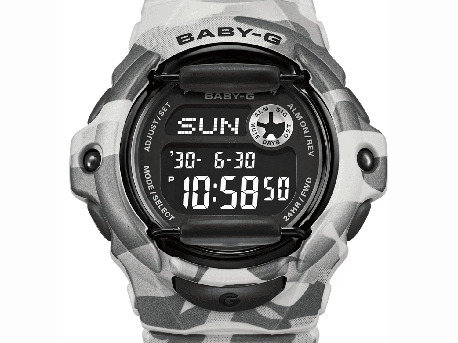 Đồng hồ Casio Baby-G BG169CMB-8 với họa tiết camo xám