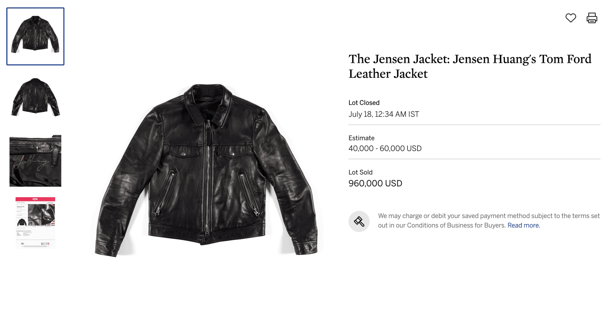 Thông tin đấu giá áo da Jensen Huang trên Sotheby's
