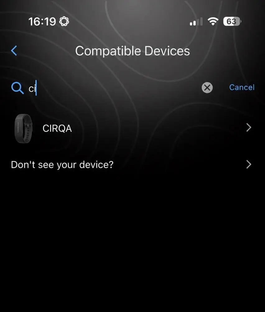 Giao diện Garmin CIRQA xuất hiện trong danh sách thiết bị của ứng dụng Garmin Connect
