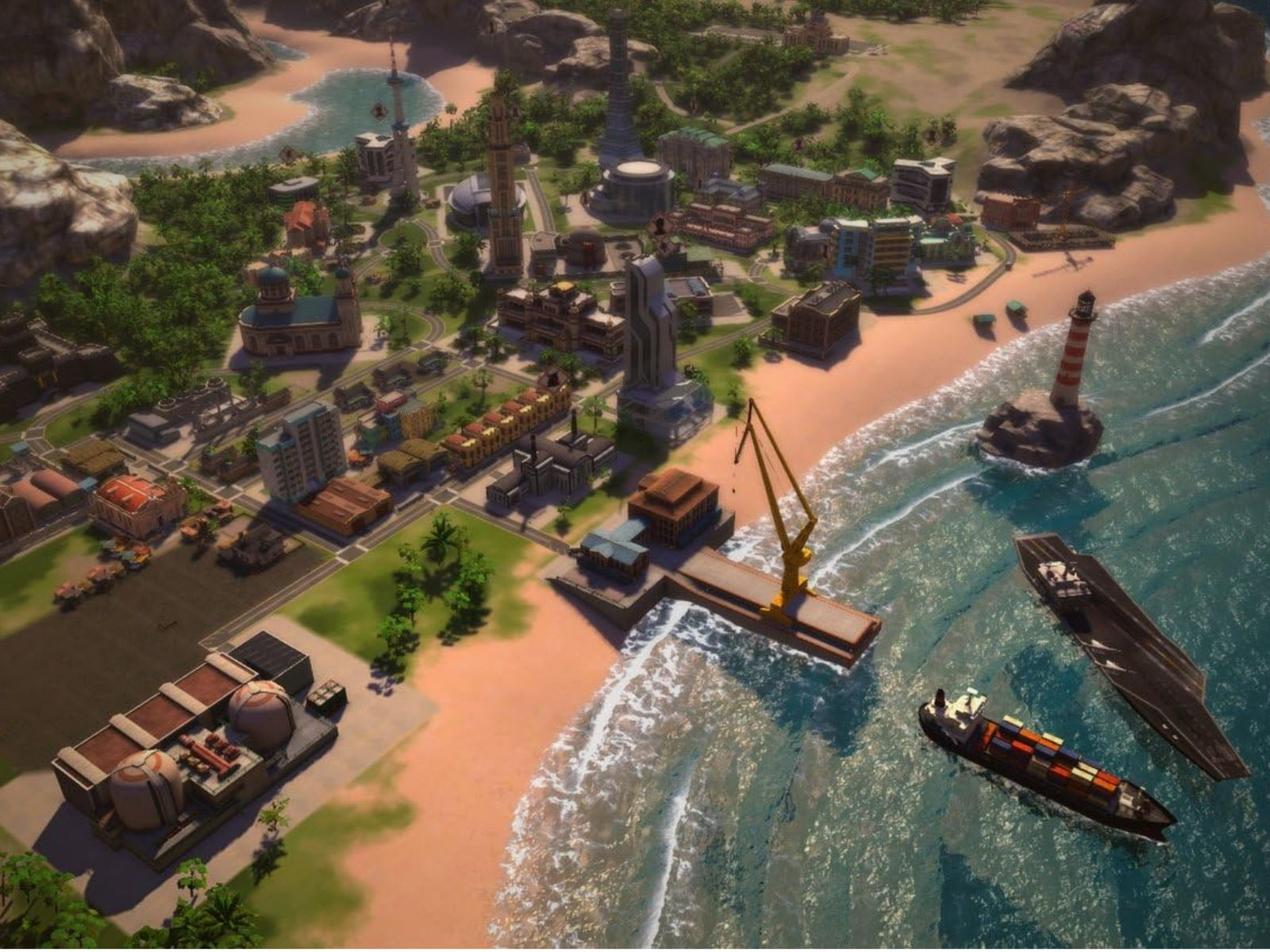 Toàn cảnh một thành phố trong trò chơi Tropico 5 với các công trình kiến trúc đa dạng.