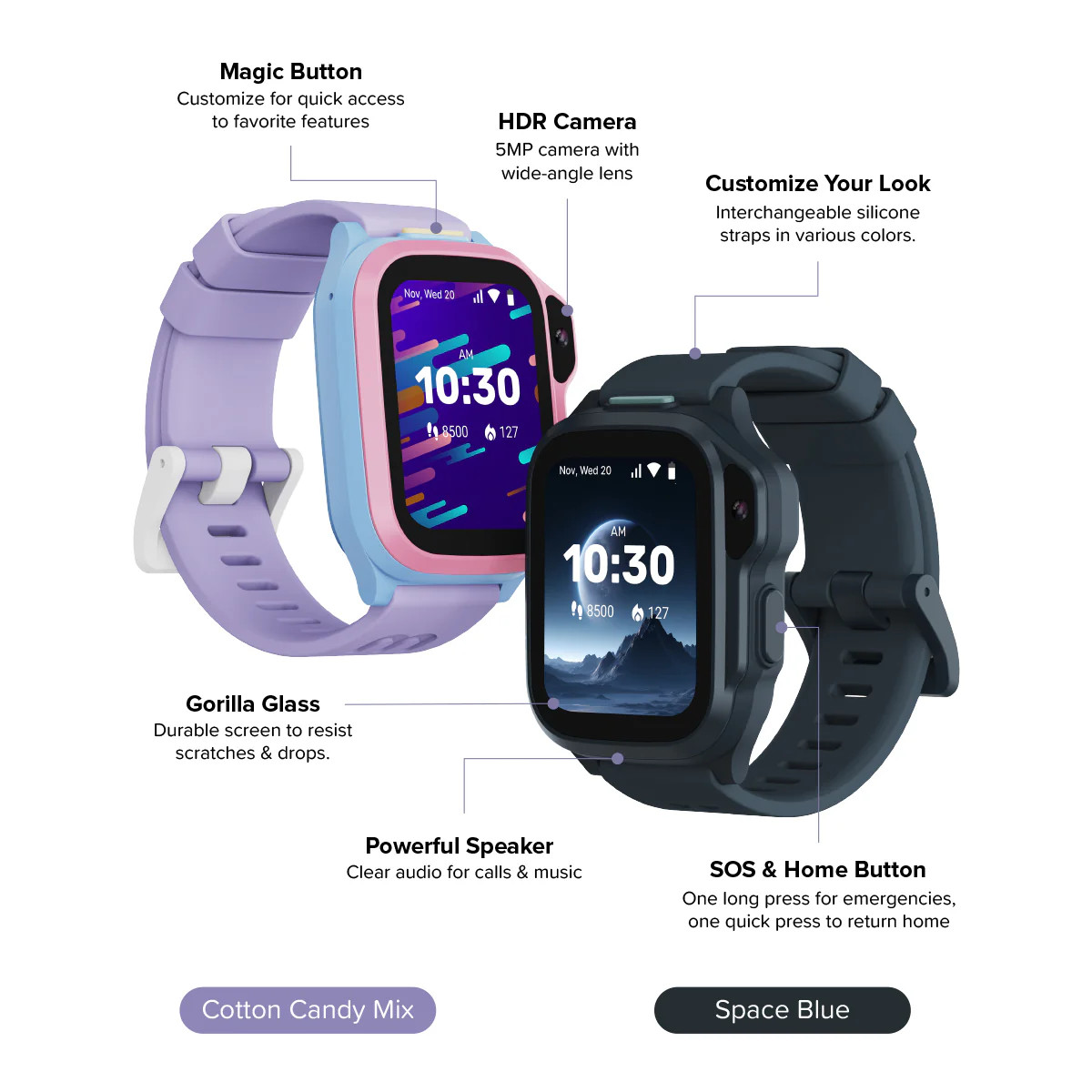 The myFirst Fone S4 smartwatch comes in Cotton Candy Mix or Space Blue colors.
