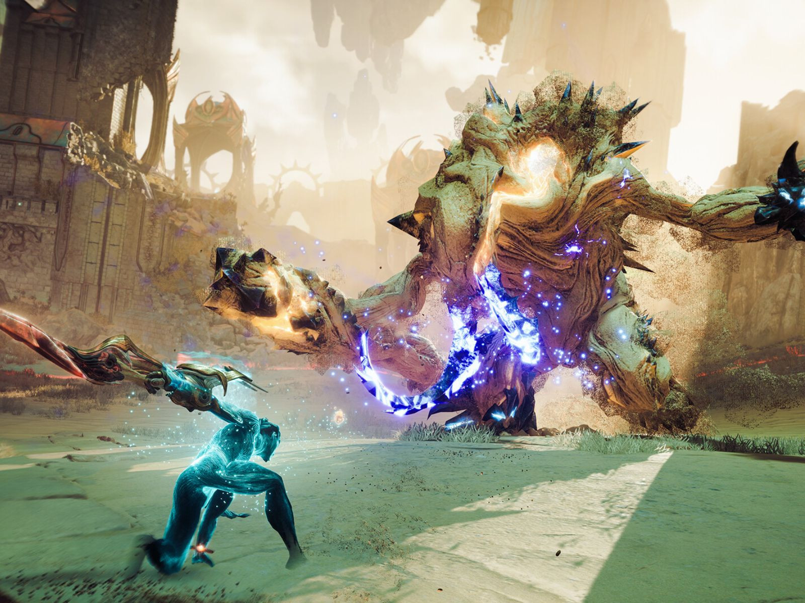 Trận chiến kịch tính trong Atlas Fallen: Reign of Sand với các hiệu ứng cát đặc trưng.
