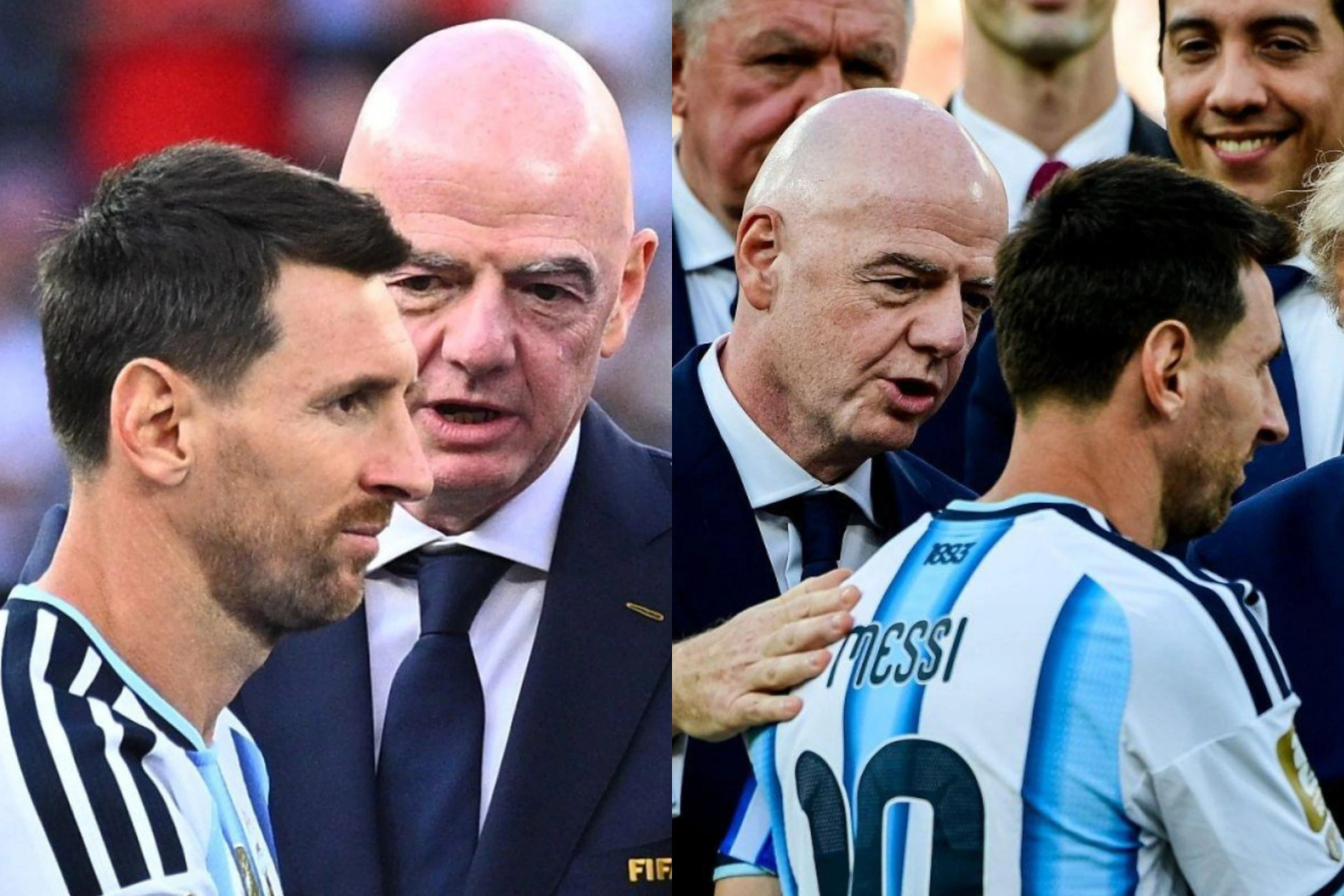Lionel Messi lướt qua Chủ tịch FIFA Gianni Infantino với gương mặt trầm ngâm sau trận chung kết World Cup 2026