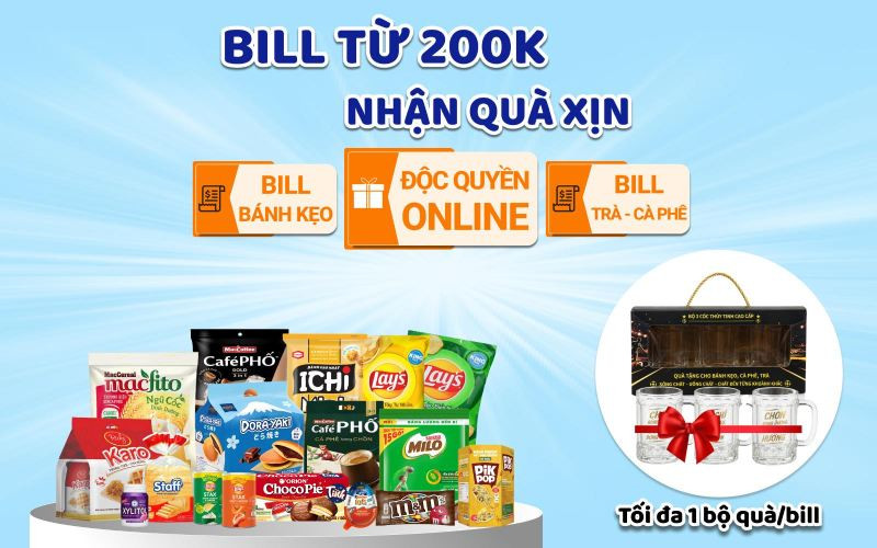 Chương trình tặng bộ 3 ly thủy tinh khi mua bánh kẹo, trà, cà phê online tại Bách hóa XANH