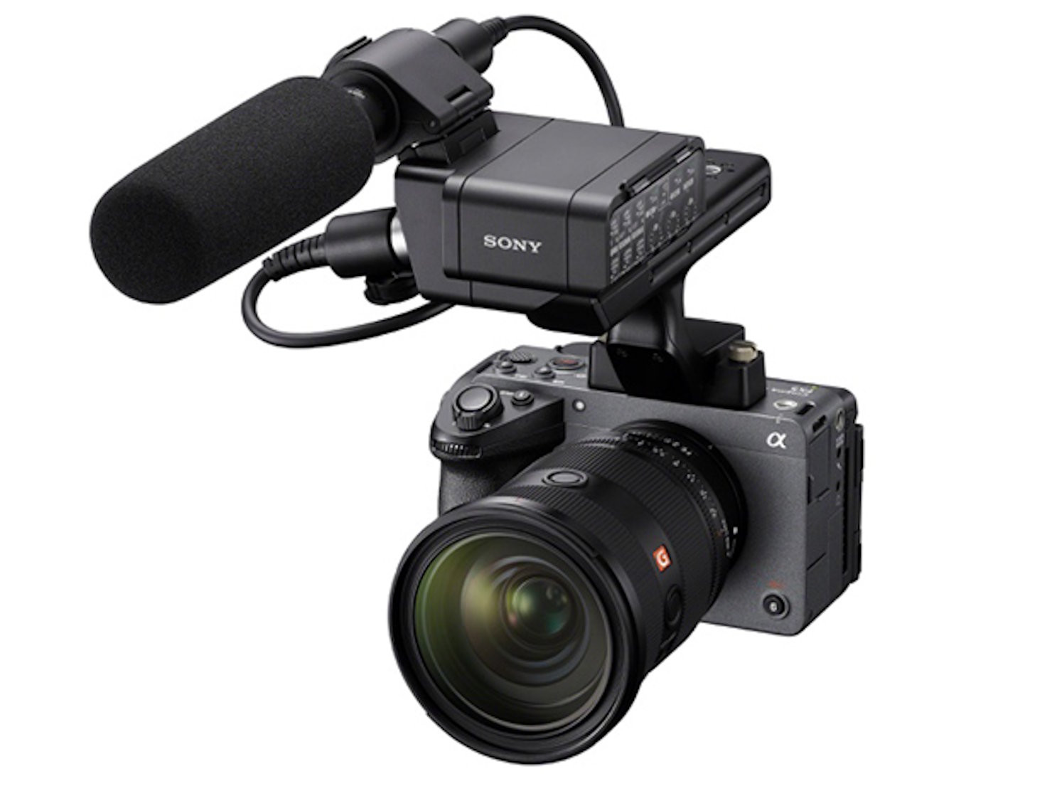 Máy quay Sony FX5 với tay cầm XLR hỗ trợ gắn micro và phụ kiện rời.