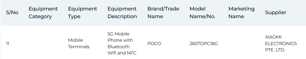 Chứng nhận IMDA của Poco X8 tại Singapore