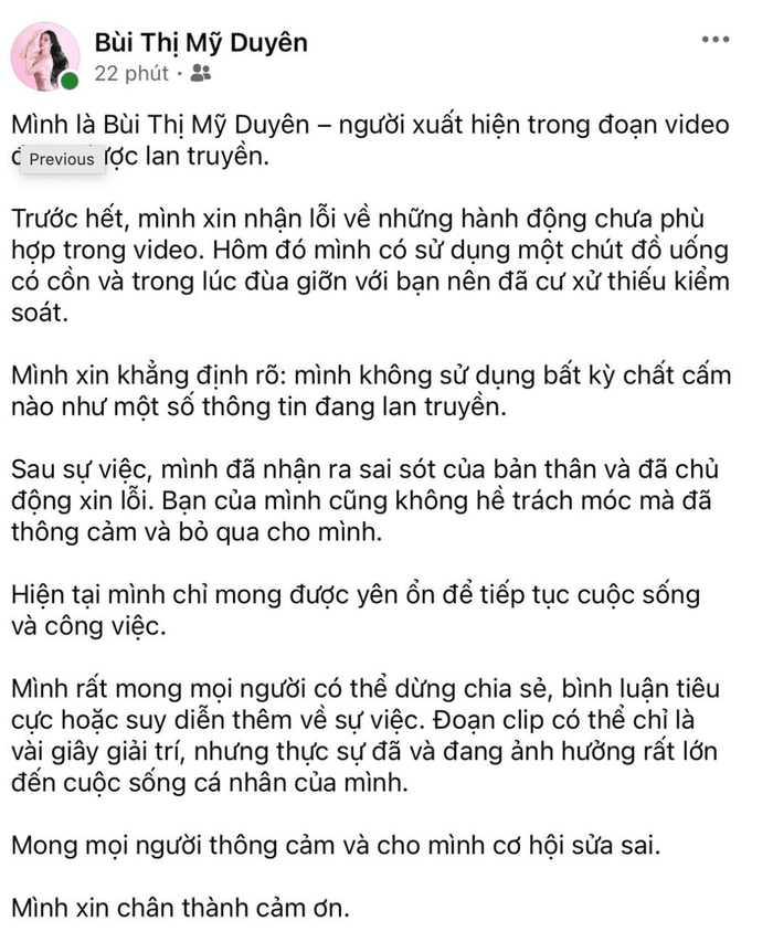 Bài đăng trên trang cá nhân của Á hậu Mỹ Duyên