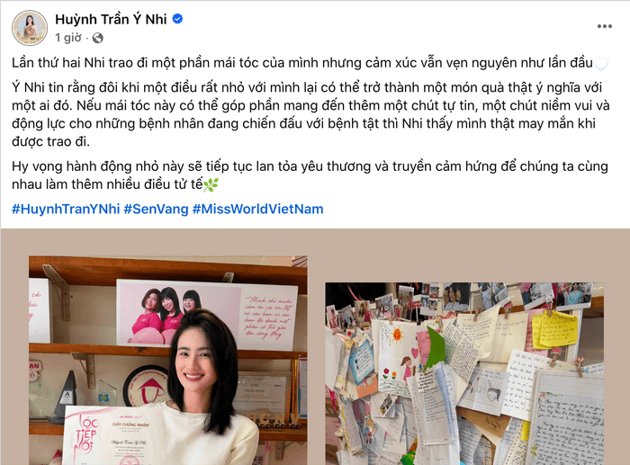 Hoa hậu Ý Nhi chia sẻ trên MXH. Ảnh: Chụp màn hình FBNV