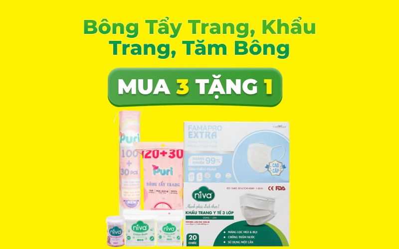 Mua 3 tặng 1 tất cả bông tẩy trang, khẩu trang, tăm bông tại BHX