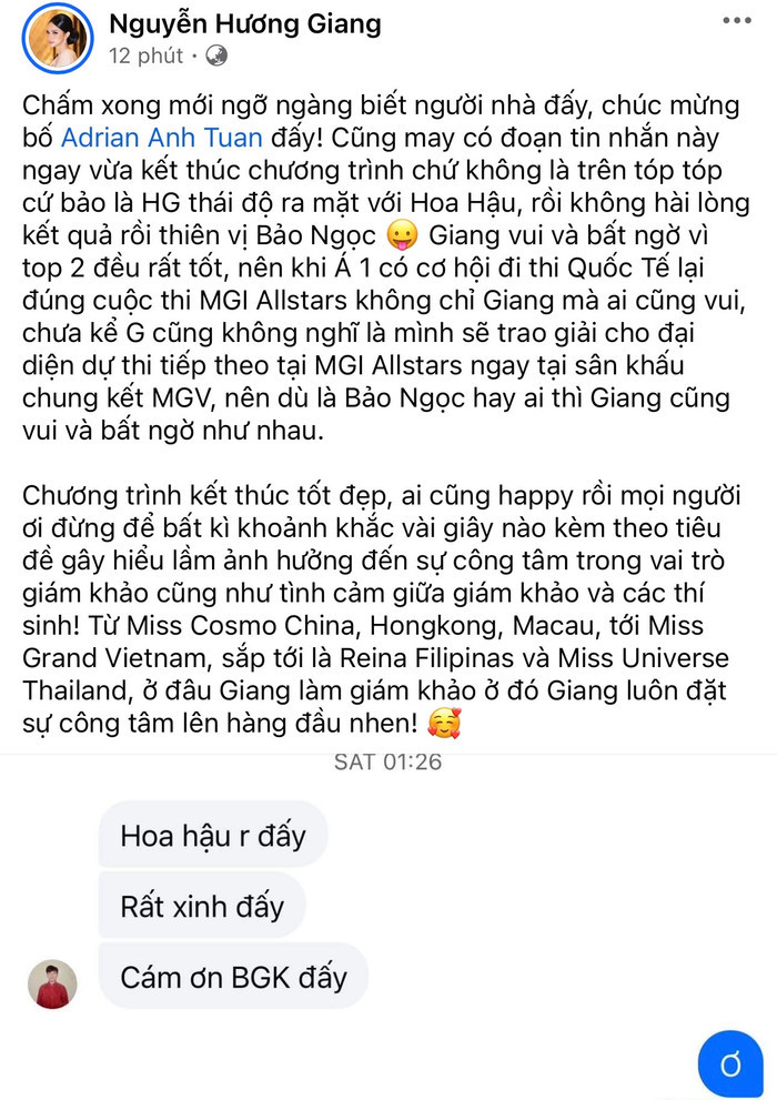 Bài chia sẻ của Hương Giang trên trang cá nhân thu hút sự chú ý của khán giả.