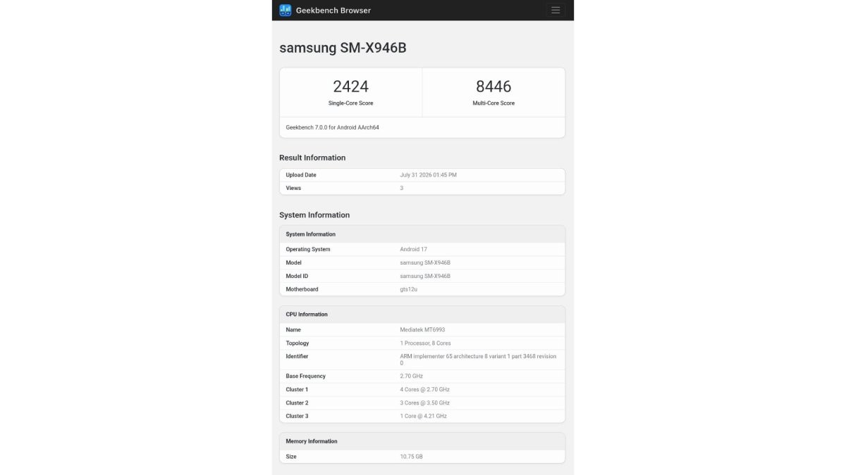 Galaxy Tab S12 Ultra lộ hiệu suất ấn tượng trên Geekbench