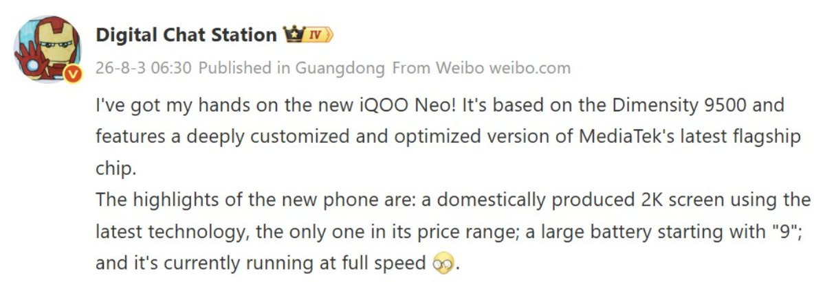 Cấu hình iQOO Neo 11S được chia sẻ bởi leaker nổi tiếng Digital Chat Station