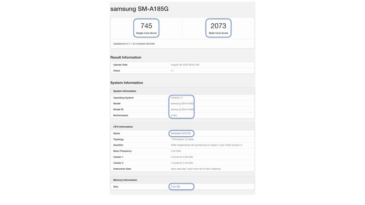 Galaxy A18 được thử nghiệm hiệu năng trên Geekbench