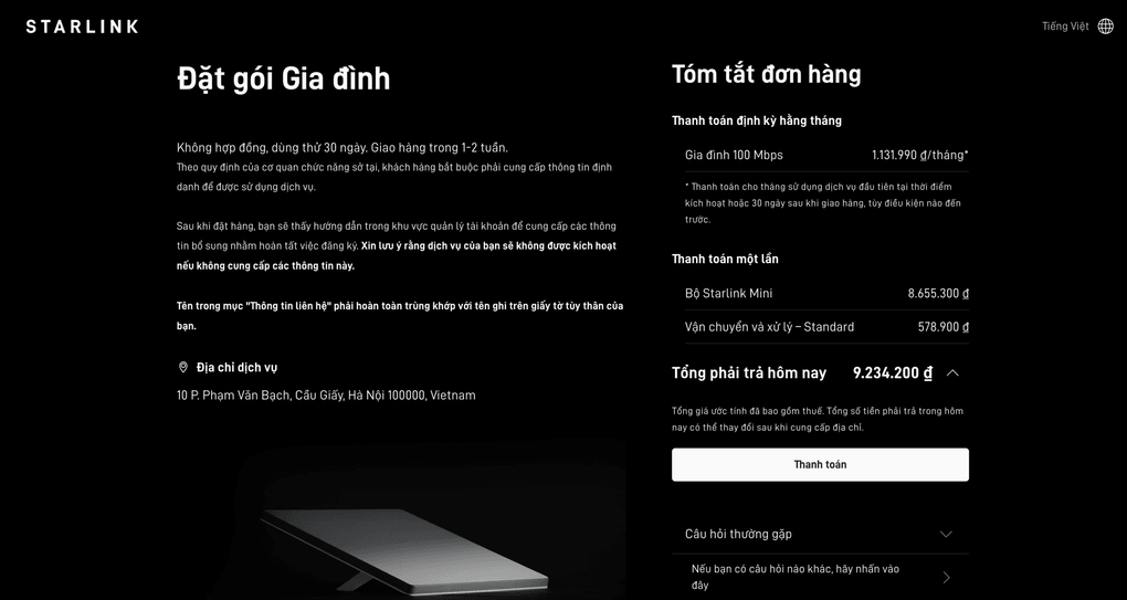 Website đăng ký đặt hàng Starlink tại Việt Nam
