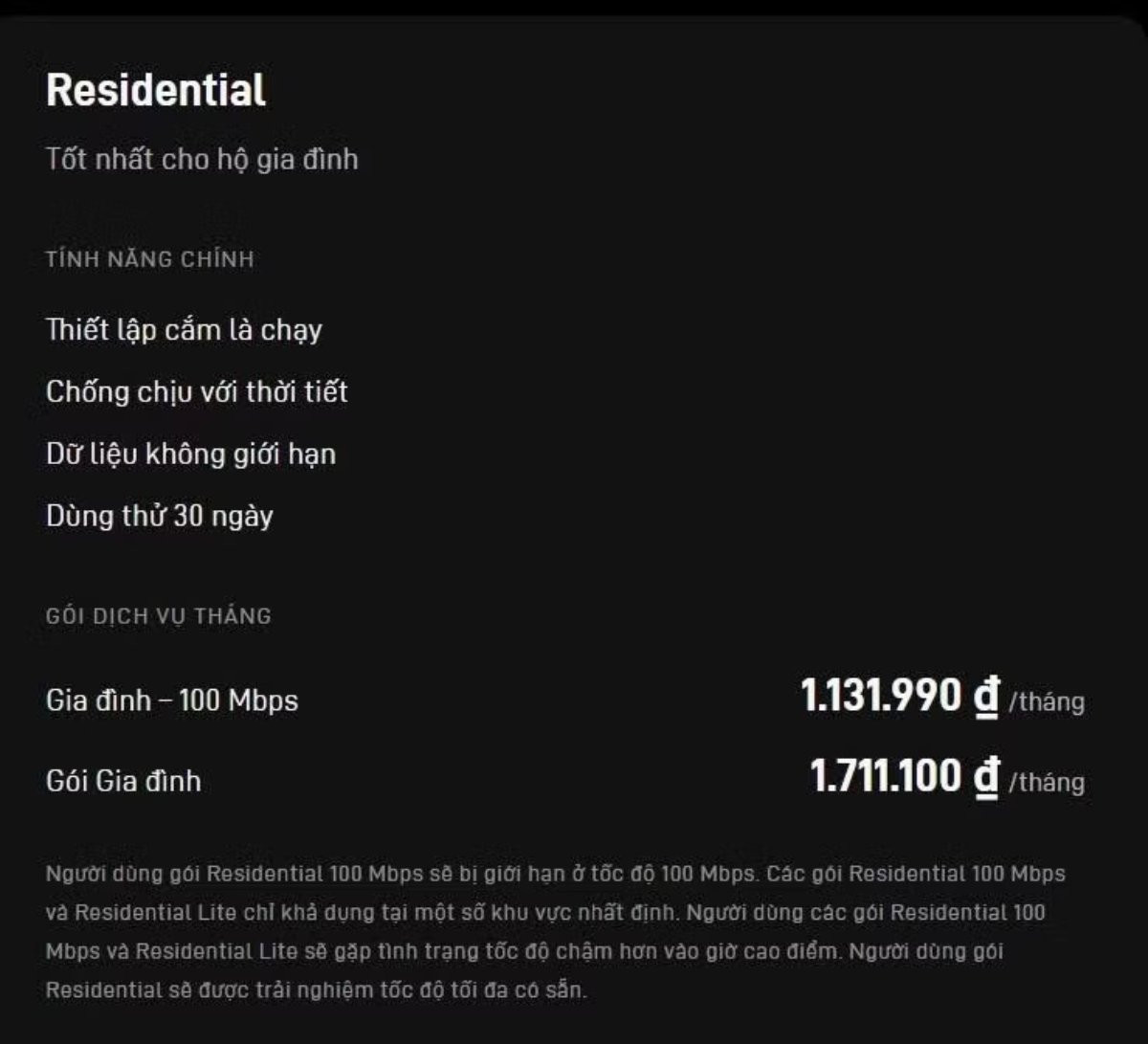 Thông tin gói Internet vệ tinh dành cho hộ gia đình được Starlink công bố trên website chính thức tại thị trường Việt Nam