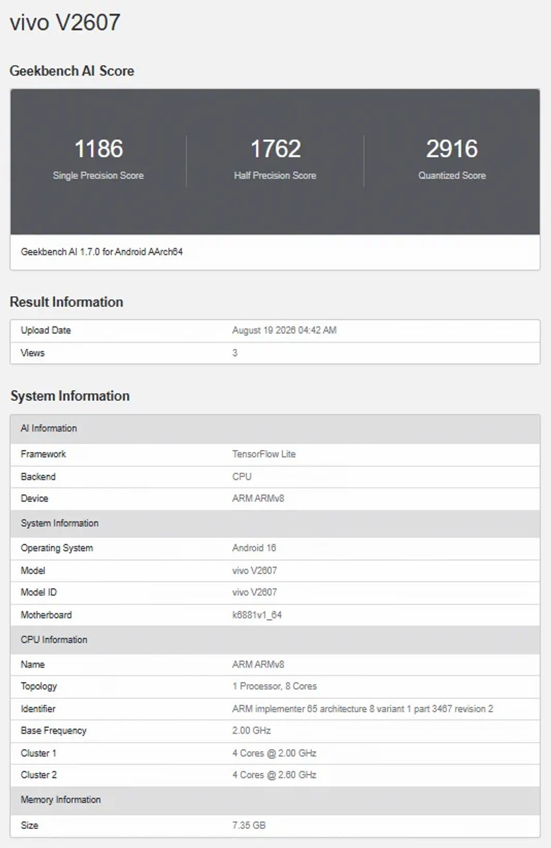 Thông số hiệu năng của vivo V2607 rò rỉ trên Geekbench AI với chip Dimensity 7500