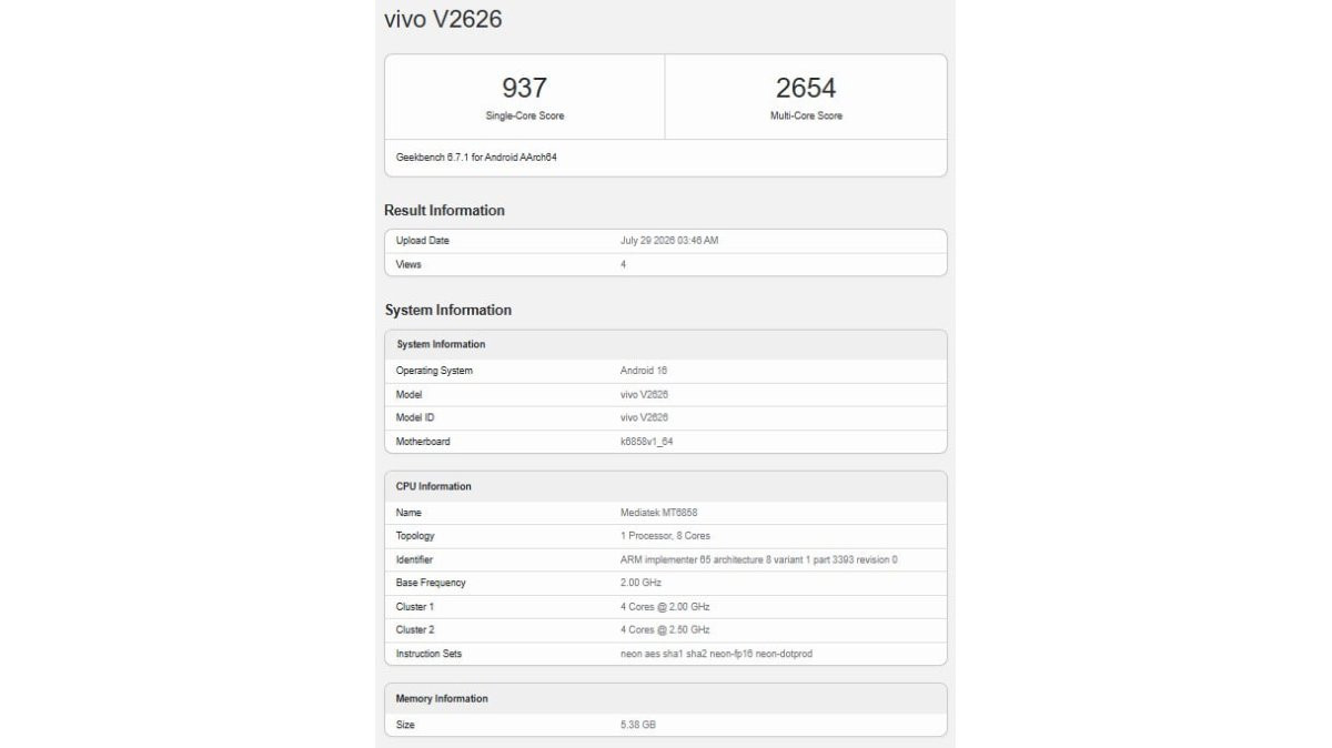 Hiệu năng của vivo V80 Lite trên Geekbench