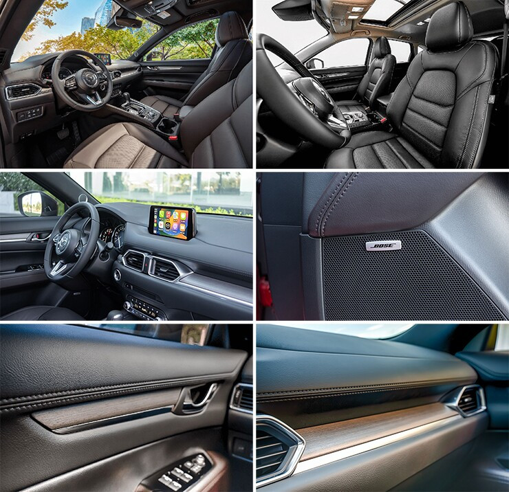 Khoang lái Mazda CX-5 sang trọng với vô-lăng bọc da và táp-lô ốp gỗ
