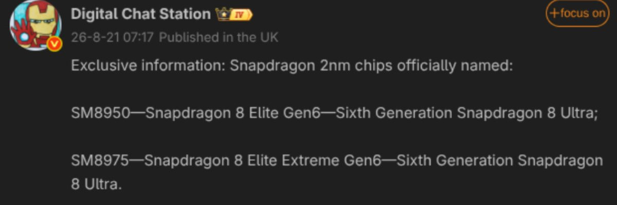 Các chipset cao cấp mới của Qualcomm sẽ có tên Sanpdragon 8 Elite Gen 6 và 8 Elite Extreme Gen 6