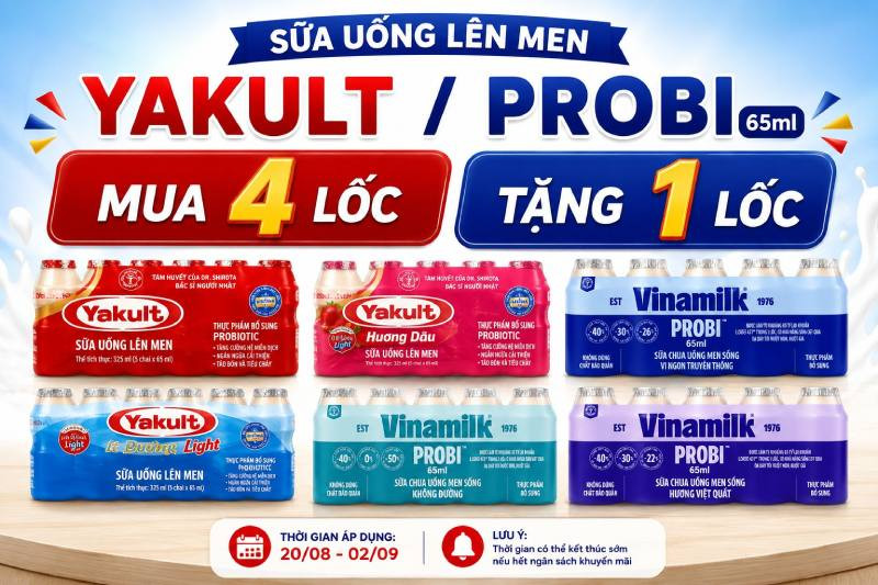 Sữa chua uống Yakult, Probi 65ml áp dụng chương trình khuyến mãi Mua 4 Tặng 1 tại Bách hóa XANH