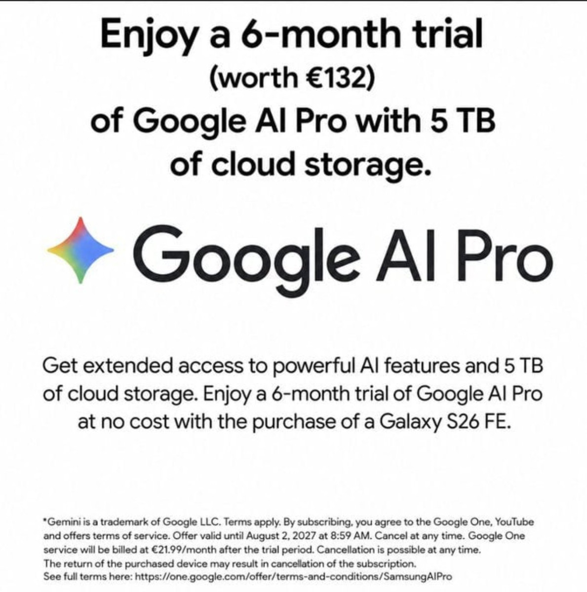 Người dùng Galaxy S26 FE có thể được tặng 6 tháng dùng thử Google AI Pro miễn phí