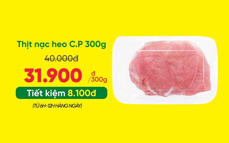 Flash Sale sáng thịt nạc heo C.P giá 31.900 đồng trên ứng dụng Bách hóa XANH
