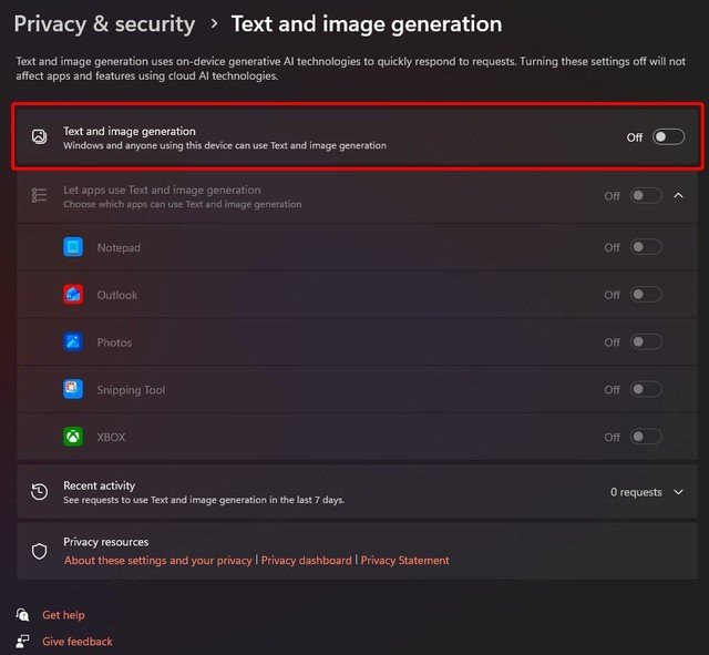 Giao diện cài đặt Text and image generation trong hệ điều hành Windows 11