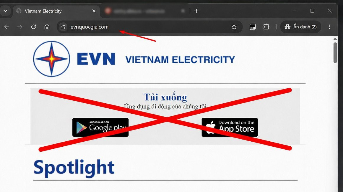 Trang web mạo danh thương hiệu EVN để lừa người dùng tải app giả mạo
