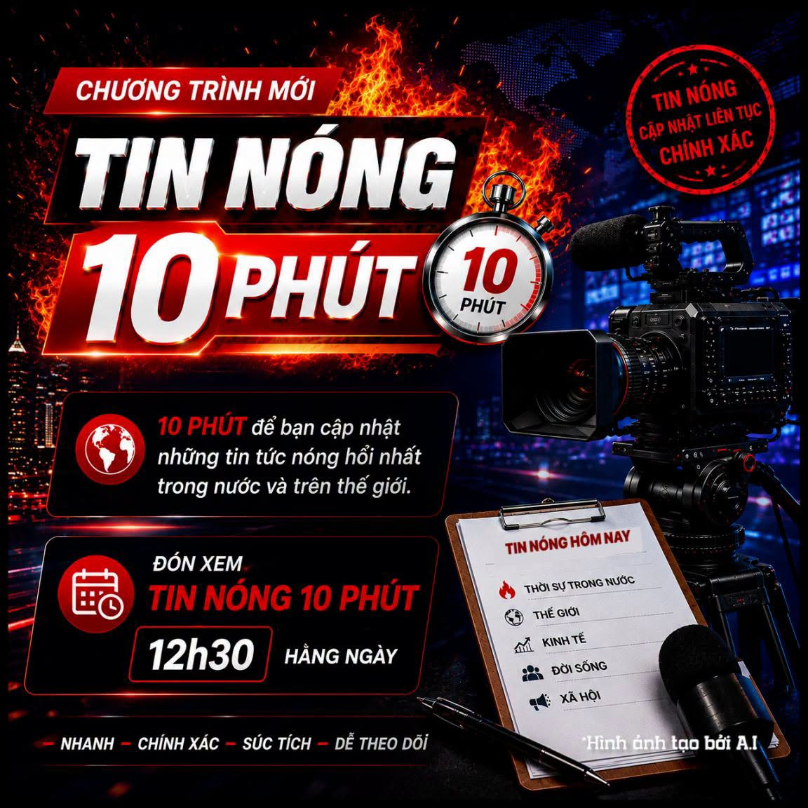 Chương trình Tin nóng 10 phút phát sóng lúc 12h30 hằng ngày trên Nền tảng truyền hình số quốc gia VTVgo