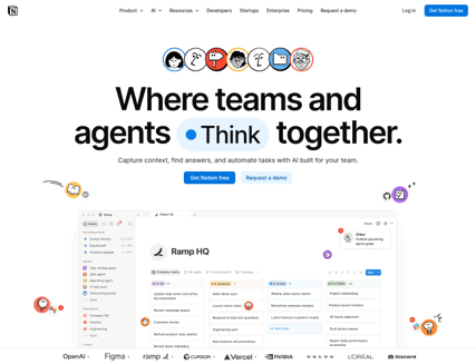 Giao diện Notion trên trang sản phẩm chính thức, thể hiện project board, teamspace và các nhóm tác vụ.