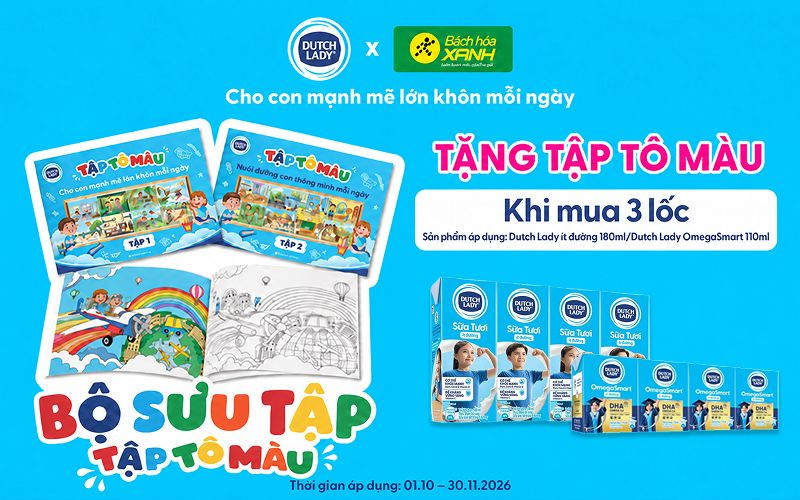 Brand Month Dutch Lady: Mua 3 lốc tặng ngay tập tô màu cho bé