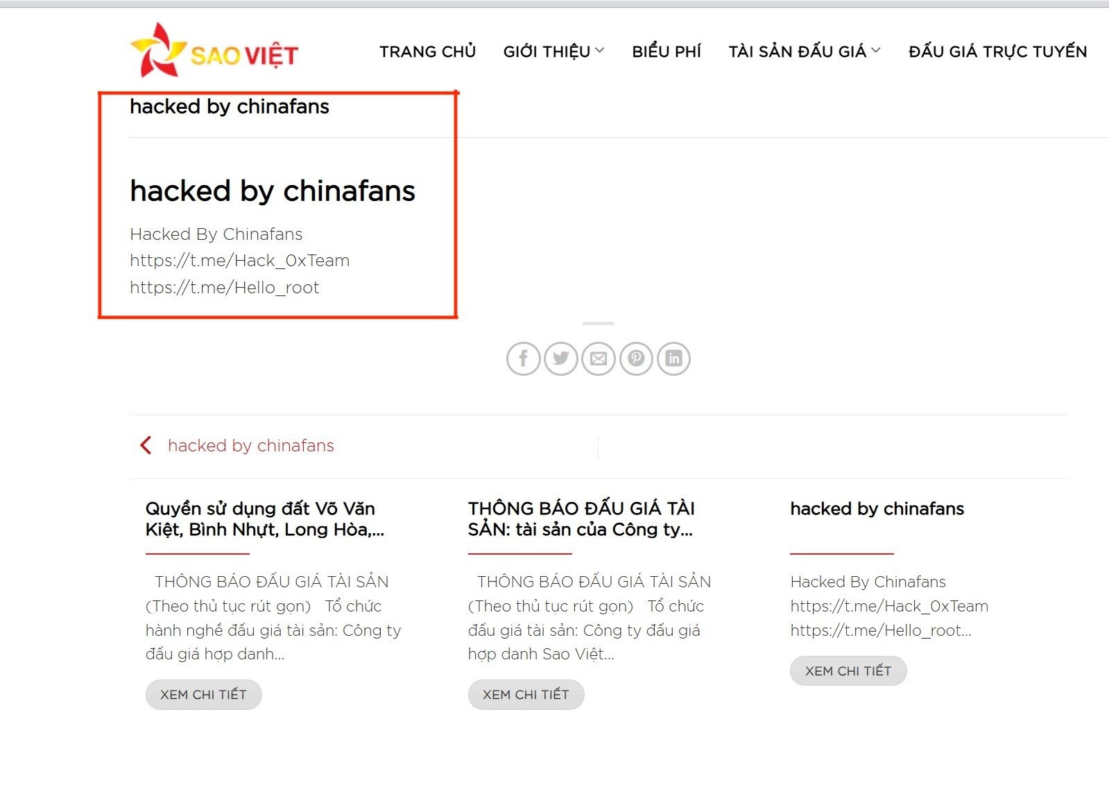 Giao diện website của Công ty Đấu giá Hợp danh Sao Việt bị nhóm Chinafans tấn công thay đổi nội dung