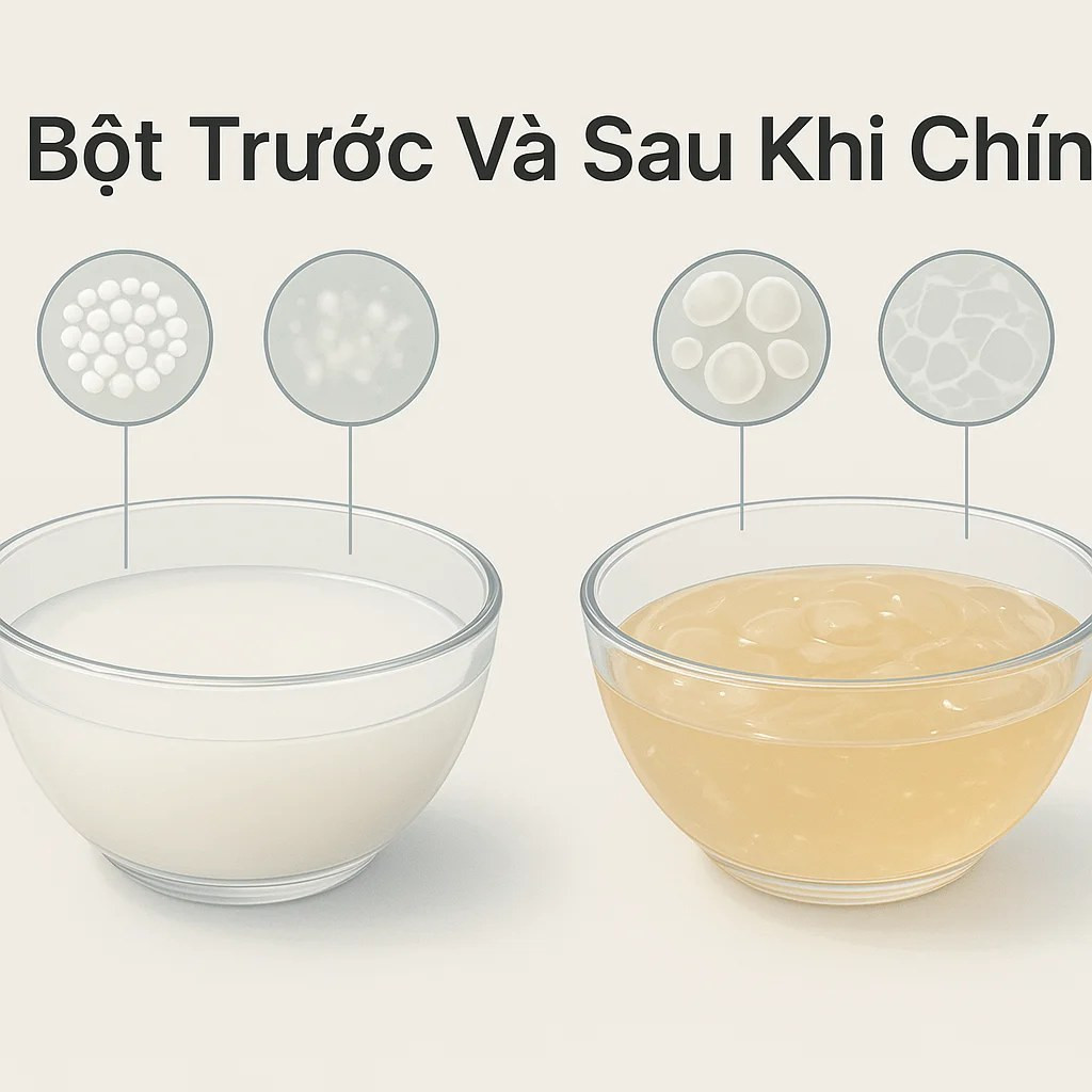 So sánh nước bột năng đục trước khi nấu và trong sánh sau khi hồ hóa