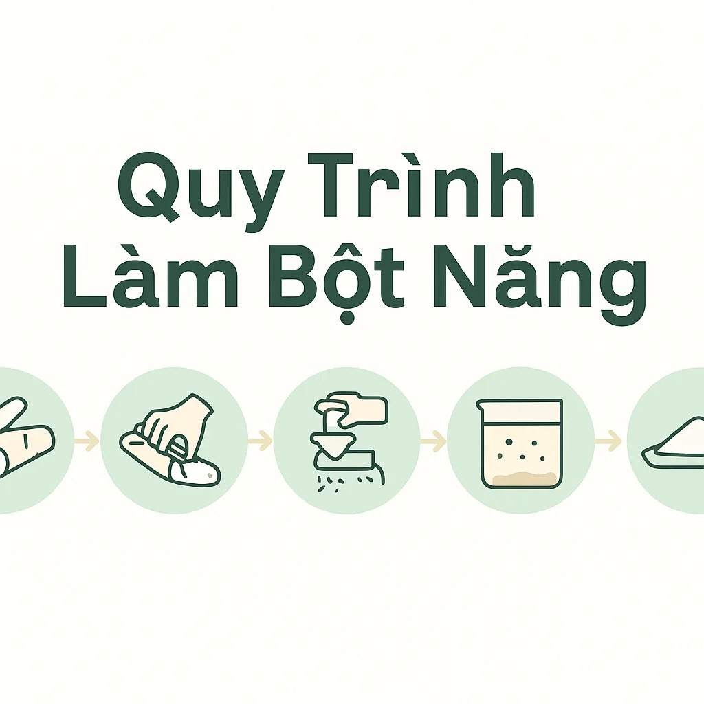 Sơ đồ quy trình làm bột năng từ củ khoai mì qua các bước nghiền, lọc, lắng và sấy khô