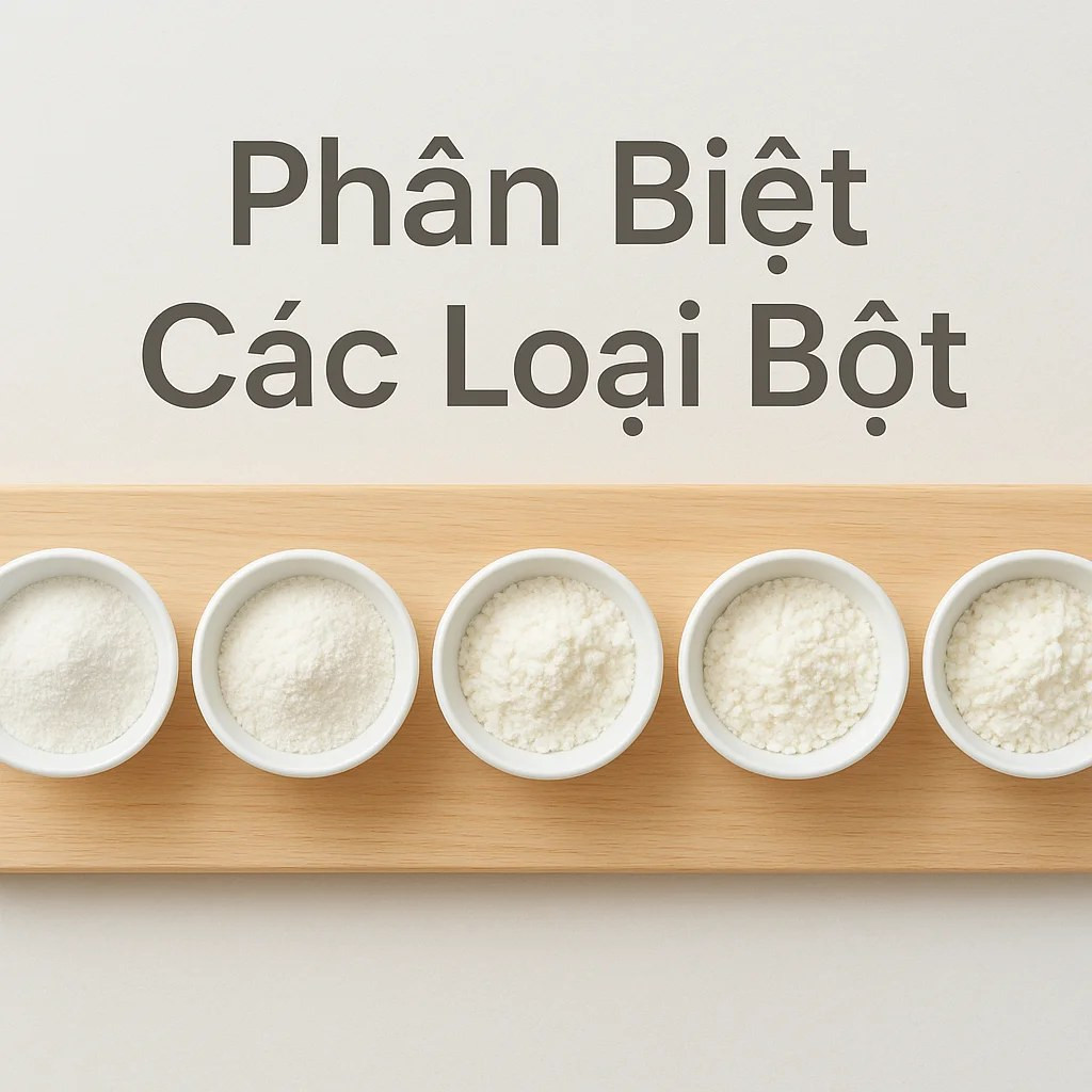 Phân biệt bột năng với bột bắp, bột mì, bột gạo và bột sắn dây đặt trong các bát nhỏ