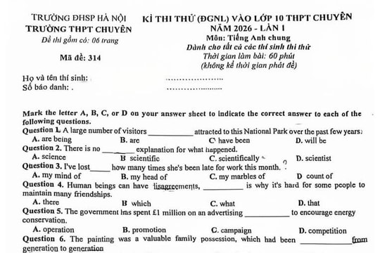 Đề thi thử lớp 10 môn tiếng Anh Trường THPT Chuyên ĐH Sư phạm Hà Nội năm 2026