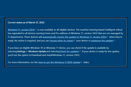 Microsoft bắt đầu tự động nâng cấp Windows 11 25H2: Vai trò của AI và lộ trình bảo mật