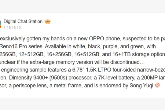OPPO Reno16 Pro lộ diện: Camera 200MP và pin 7,000 mAh thiết lập chuẩn mới