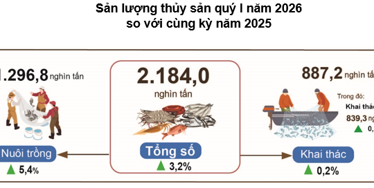 Sản lượng thủy sản Quý I/2026 đạt 2,18 triệu tấn, kim ngạch xuất khẩu tăng 13,3%