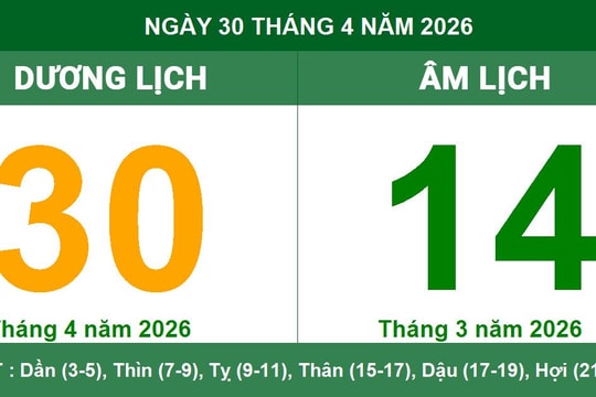Lịch âm dương ngày 30/04/2026: Lưu ý giờ hoàng đạo và các kiêng kỵ phong thủy