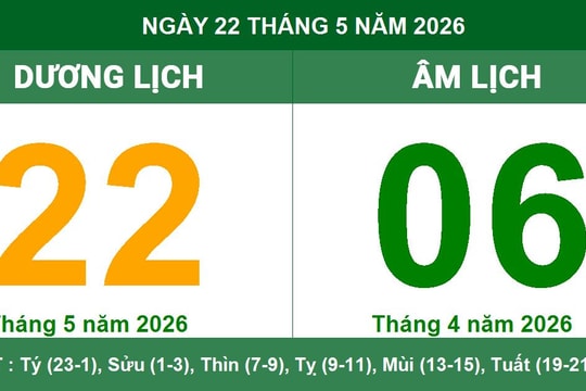 Lịch Âm Dương ngày 22/05/2026: Giờ hoàng đạo và chỉ dẫn xuất hành